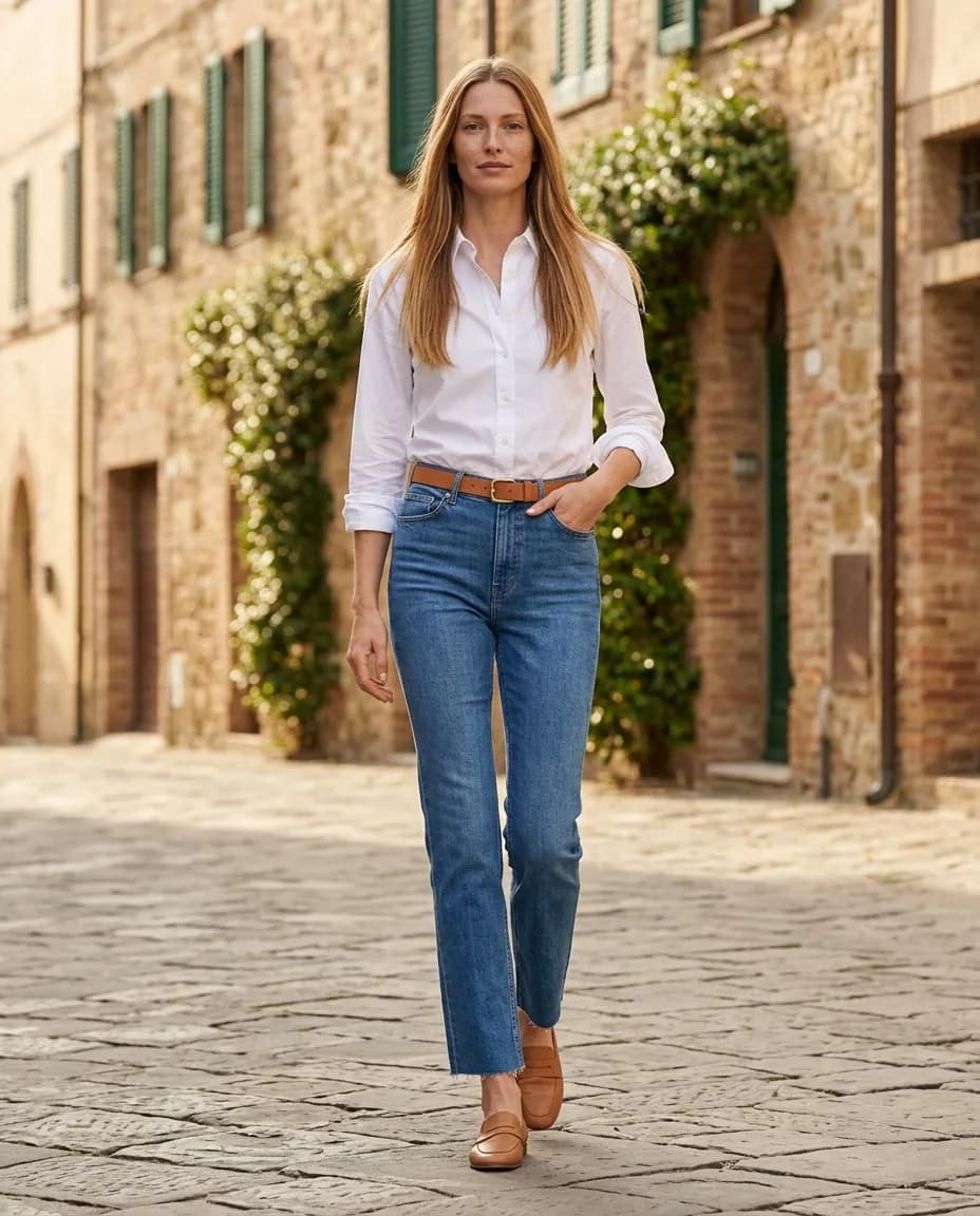 Lange vrouw in een enkellange straight-leg jeans met hoge taille