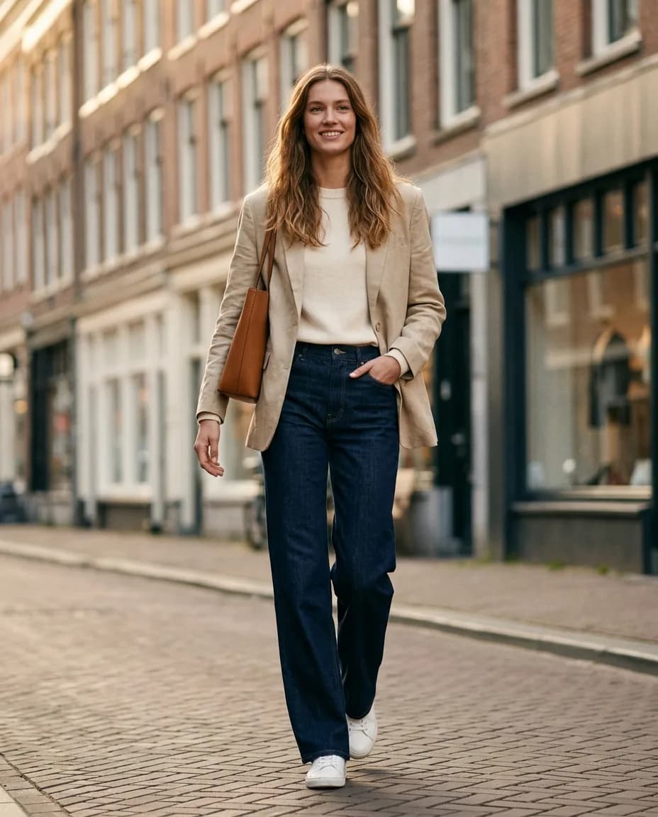 Lange jonge vrouw in een gestylede tall-fit outfit met wide-leg broek