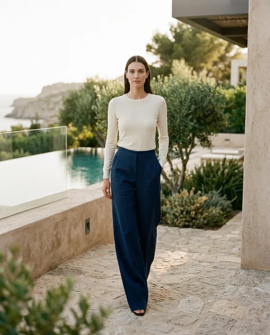 Lange vrouw in een wide-leg broek die elegant tot de vloer valt