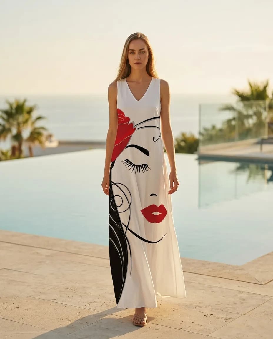 Model in een witte maxi-jurk met artistieke line-art print bij een villa-zwembad