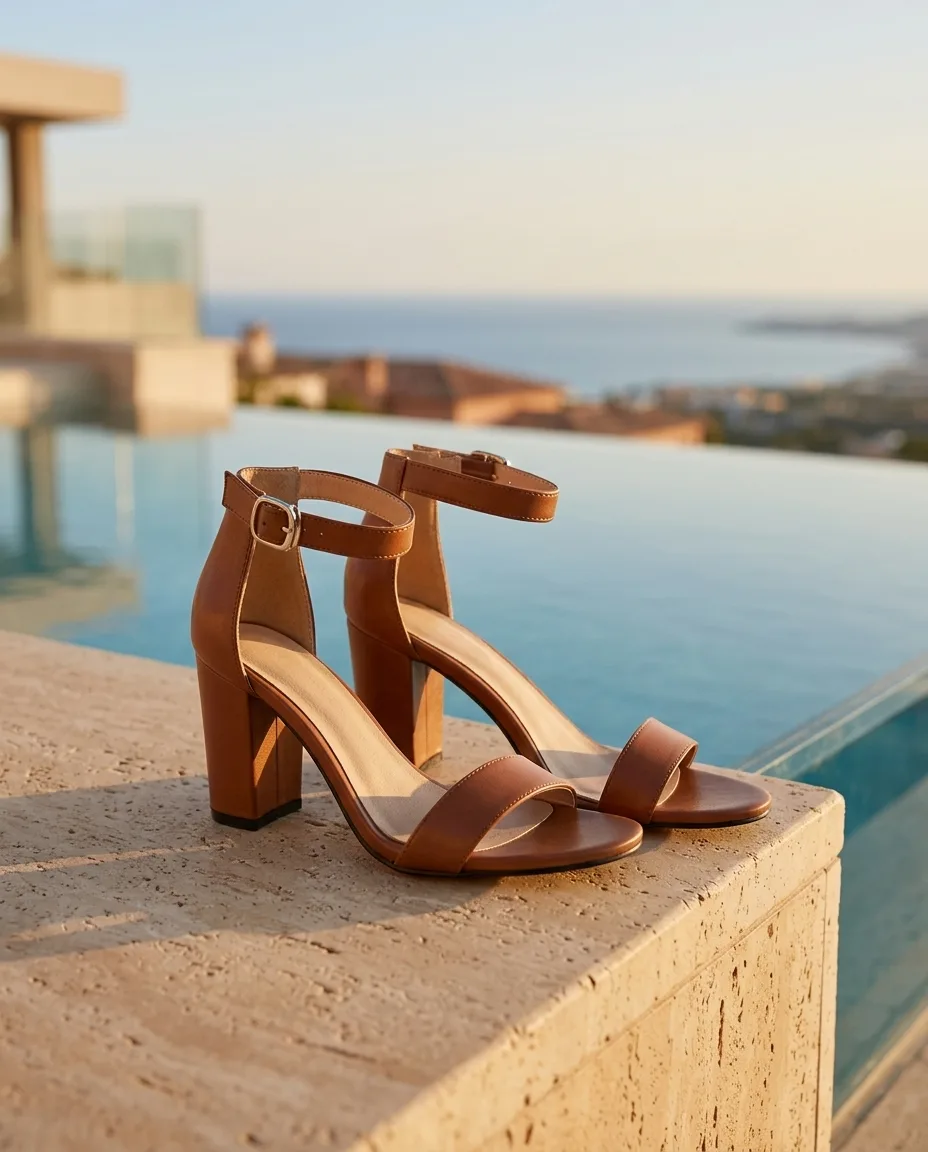 Cognac Block Sandal — editorial render