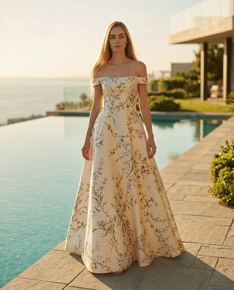 Model in een romige off-shoulder bloemen gown bij een infinity-pool in het gouden uur
