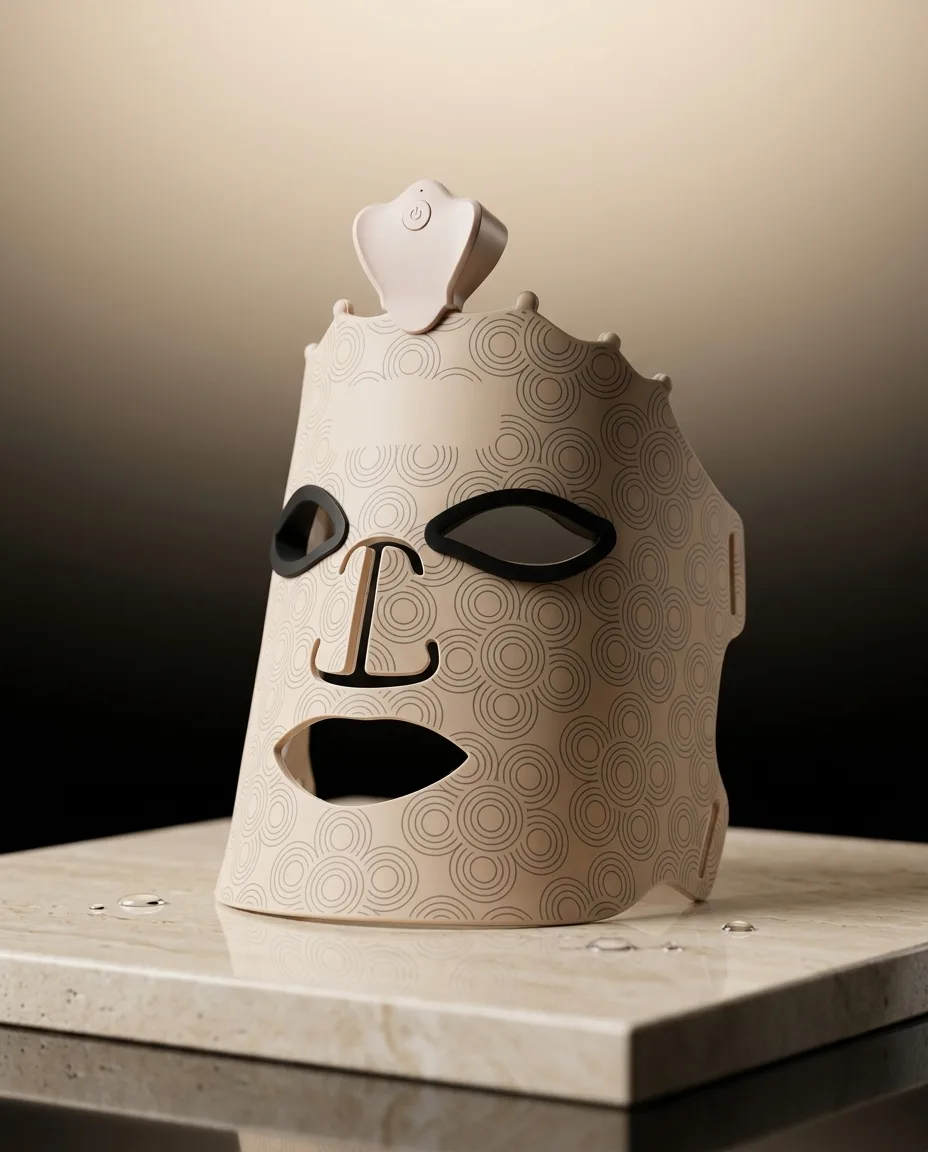 Lumière LED-gezichtsmasker rechtop op een voetstuk in zacht studiolicht