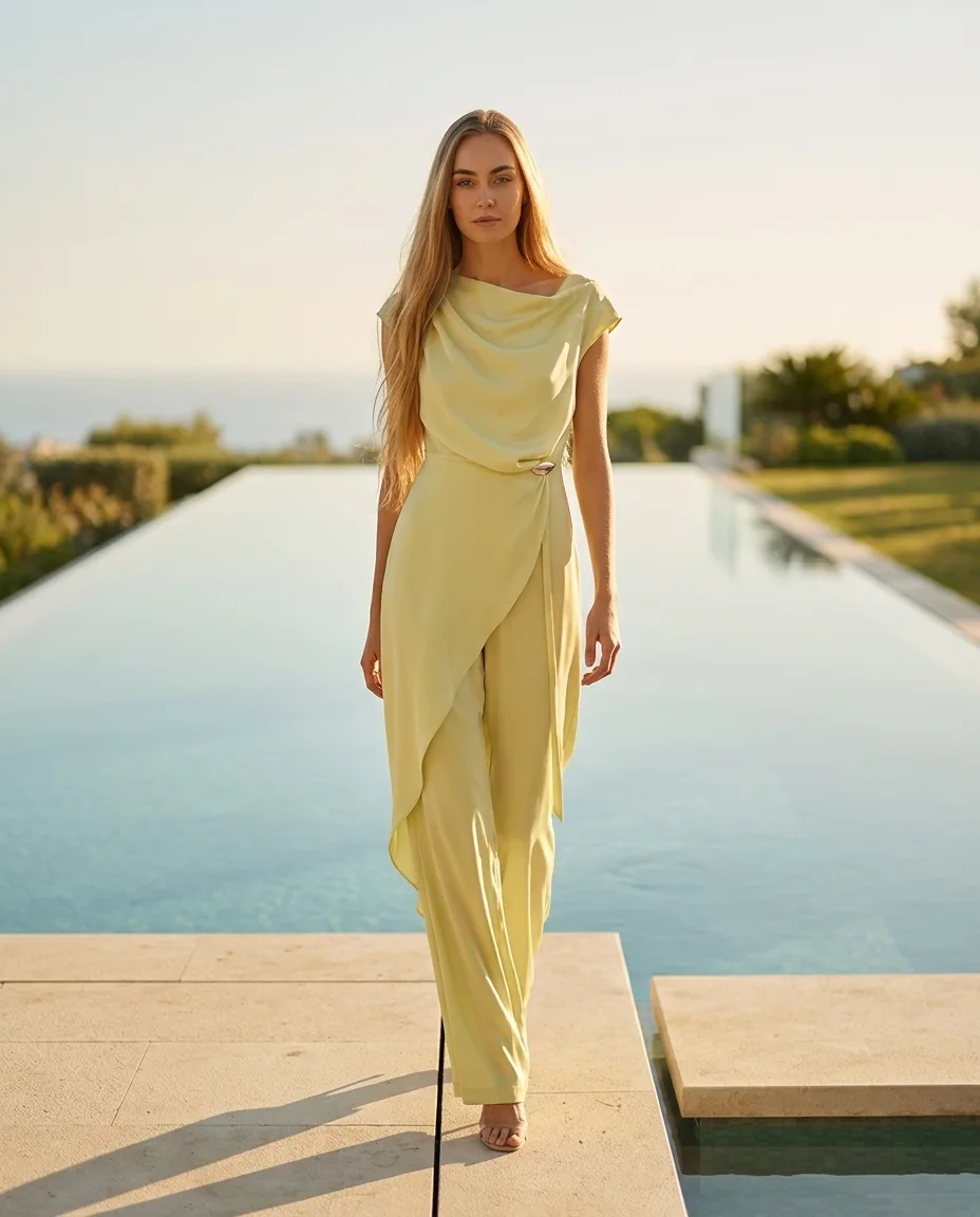Model in een lindegroene gedrapeerde wijde-pijp jumpsuit bij een infinity-pool