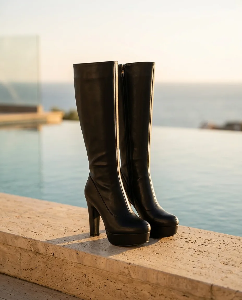Zwarte gladde kniehoge platformlaars op een travertin rand bij een infinity-pool in het gouden uur