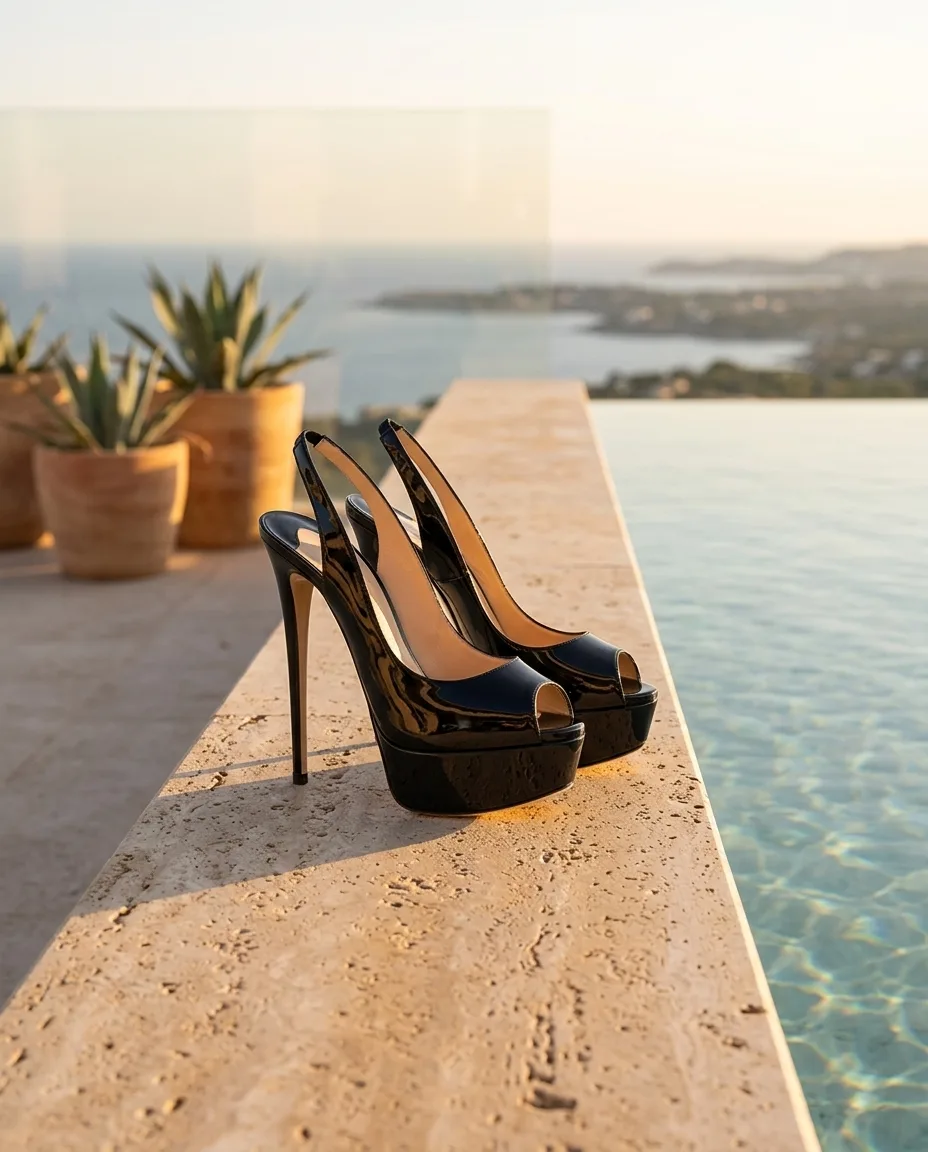 Zwart lak peep-toe platform naaldhak op een travertin rand bij een infinity-pool in het gouden uur