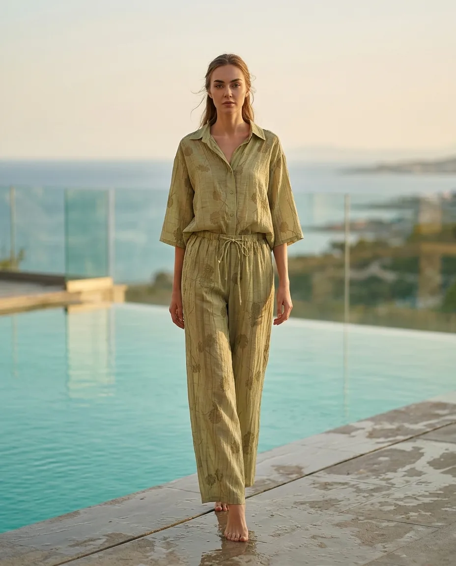 Model in een olijfgroene blad-jacquard co-ord set bij een infinity-pool met zeezicht