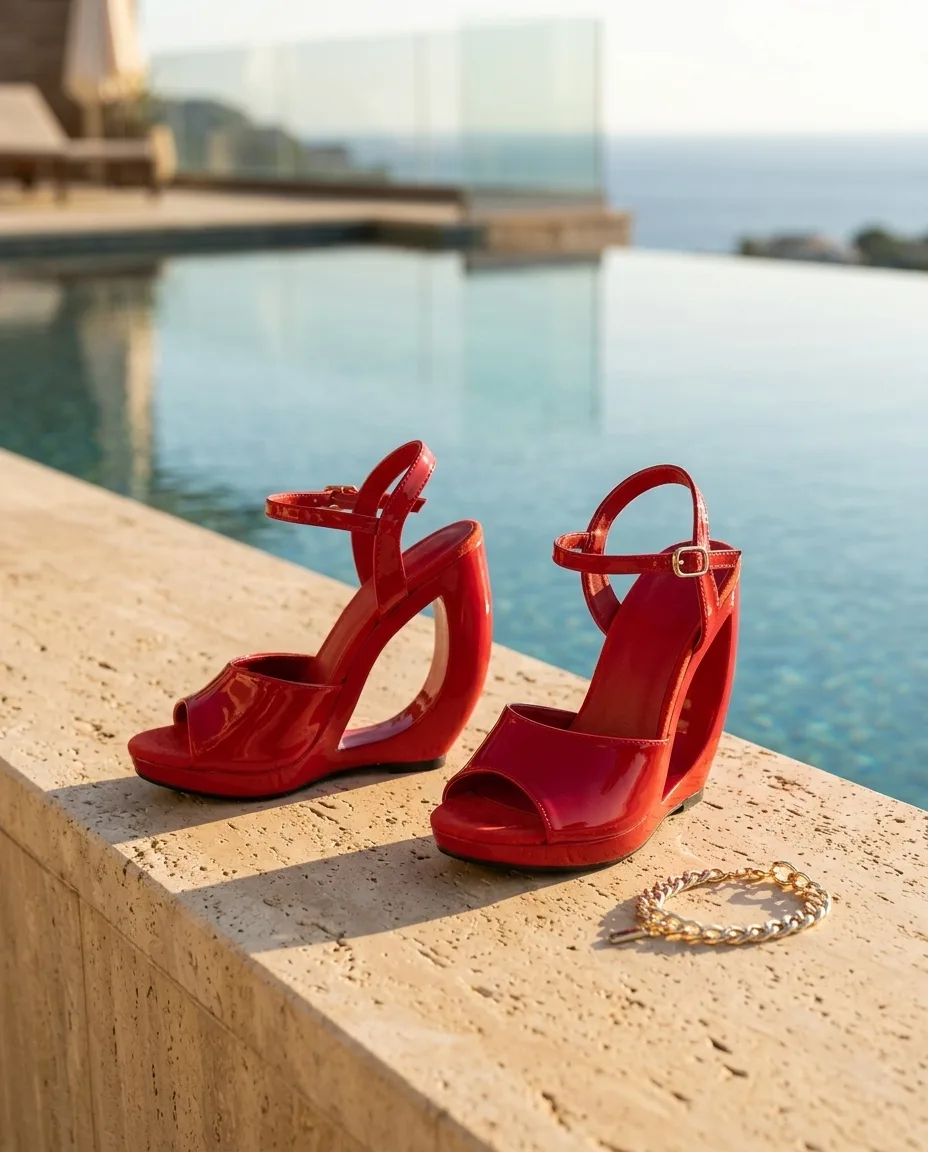 Rode lak sleehak-sandalen op een travertin rand bij een infinity-pool met zeezicht