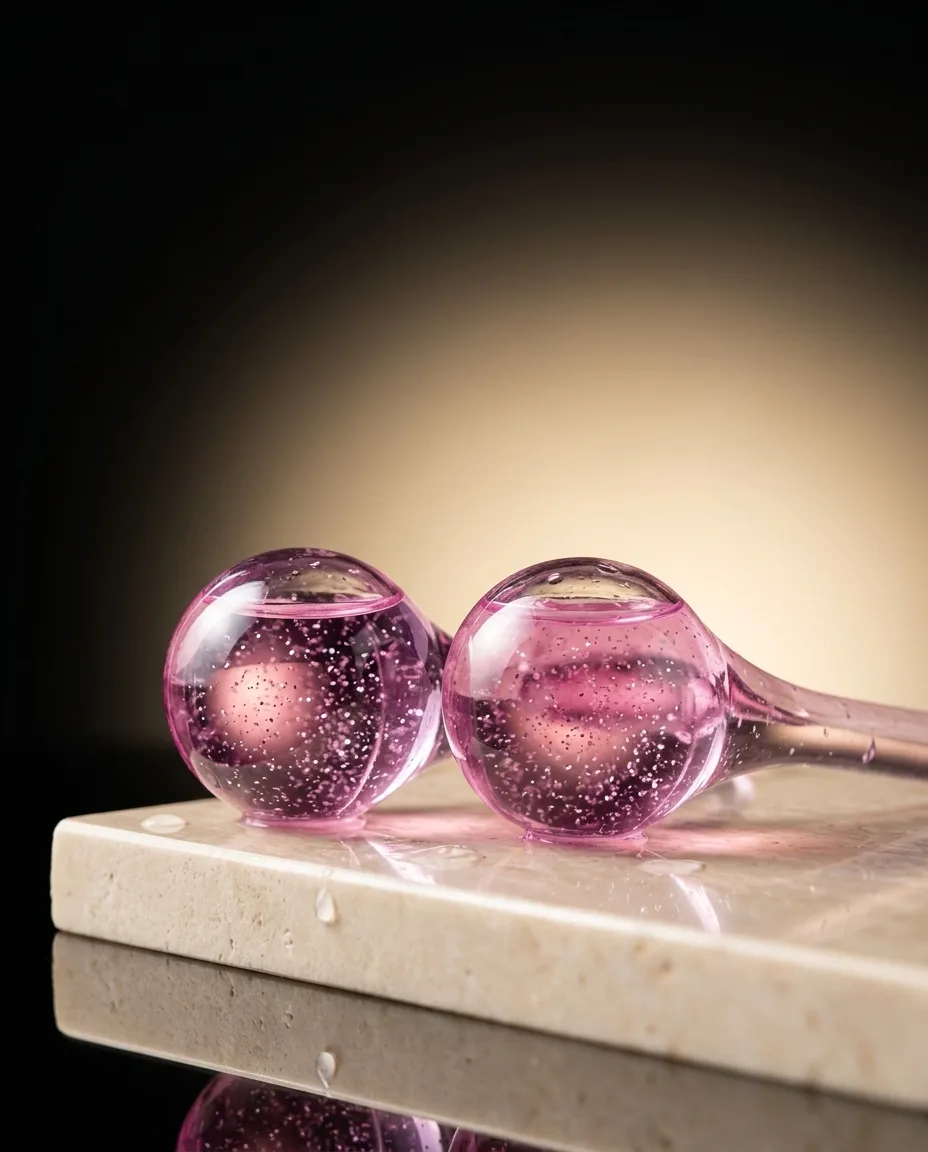Rosé cryo-globes voor koele gezichtsmassage op een marmeren voetstuk in zacht studiolicht