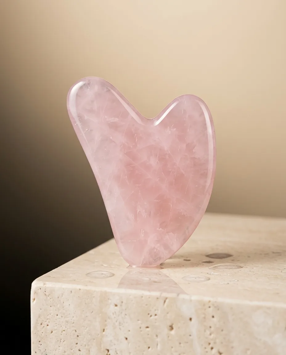 Rozenkwarts gua sha-massagesteen op een marmeren voetstuk in zacht studiolicht