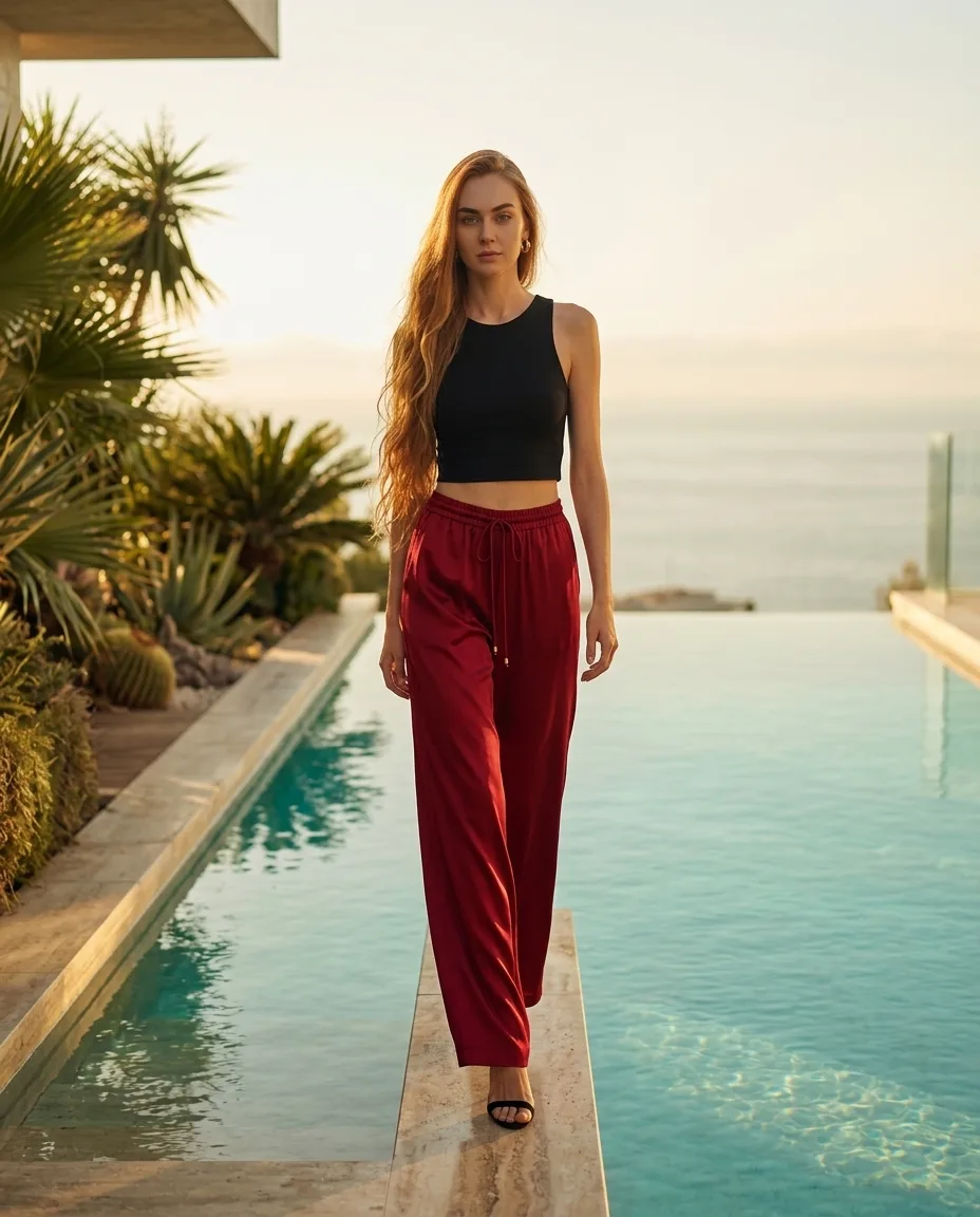 Model in een robijnrode satijnen wijde-pijp broek bij een infinity-pool met zeezicht