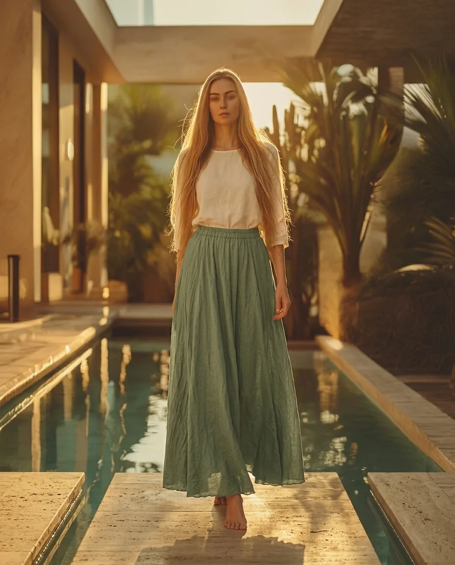 Model in een saliegroene katoen-linnen geplooide maxi-rok op een villa-tuinpad in het gouden uur