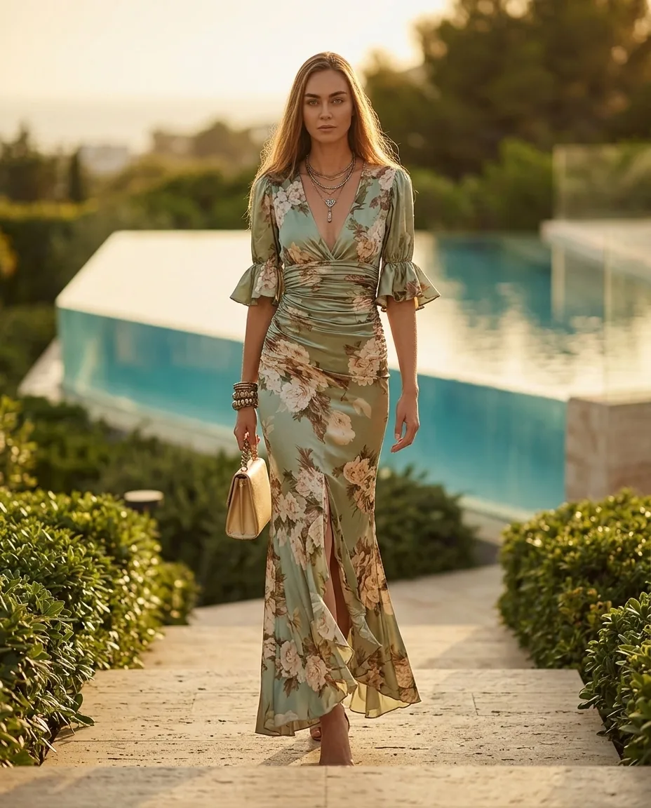 Model in een salie-groene bloemen satijnen maxi met split op een villa-tuinpad