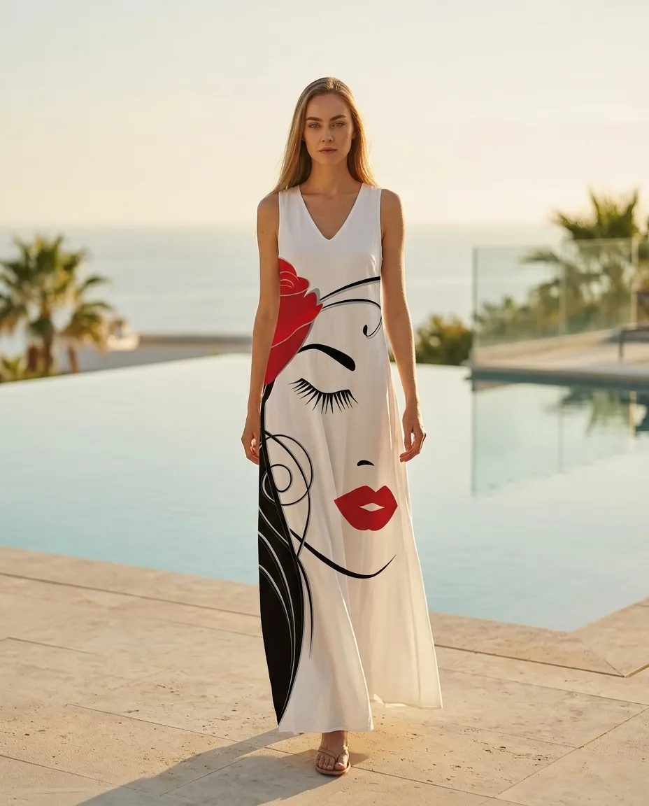 Model in een witte maxi-jurk met artistieke line-art print bij een villa-zwembad